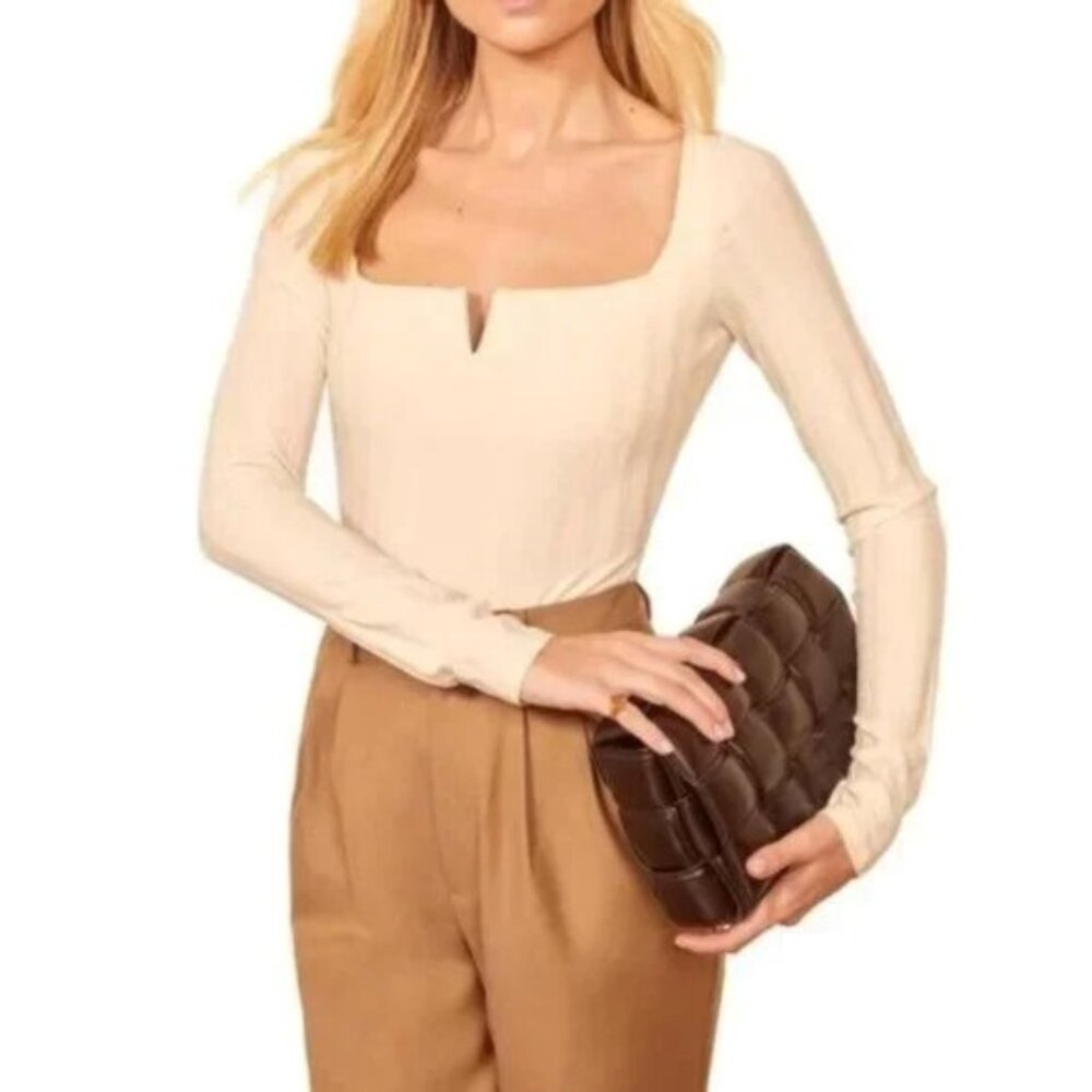 Reformation Delaney Top - Square Neck Ivory Ribbed Long Sleeve - XS